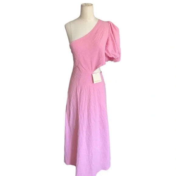 SHOWPO MARCIA MIDI DRESS - ONE SHOULDER DRESS WITH SIDE CUT OUT IN PINK - Picture 6 of 9